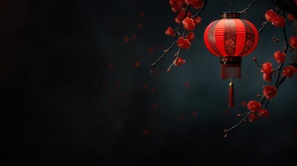 The beautiful background of red and gold Chinese lanterns and red flowers with a bokeh effect makes it an ideal choice for a Chinese New Year banner or Oriental Asian festival celebration.