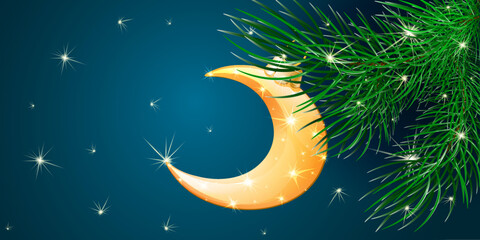 Obraz na płótnie Canvas Green fir tree branch with hanging golden shiny moon shape Christmas ornament