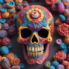 Mexican sugar skull and colorful candies on a dark background.