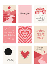 Set of cute posters with quotes about love, Valentine's Day greeting cards in modern, trendy colors.