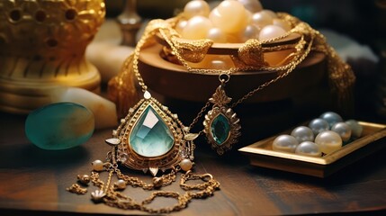 A photograph of a luxurious necklace, classic-era jewelry with a regal, ancient kingdom atmosphere, showcasing gemstones and sapphires.