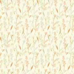 Vector seamless pattern with wild flowers, herbs and grasses.Thin delicate lines silhouettes of different plants