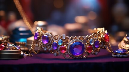 Fototapeta na wymiar A photograph of the luxurious bracelet, classic-era jewelry with a regal, ancient kingdom atmosphere, showcasing gemstones and sapphires.