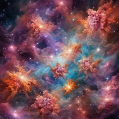 stunning cosmic flowers, radiant nebula, star clusters and gas clouds shining brightly, celestial, otherwordly, abstract, space art