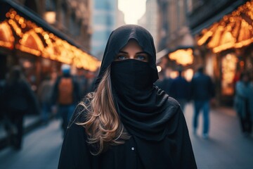 woman on the street in a burqa - obrazy, fototapety, plakaty
