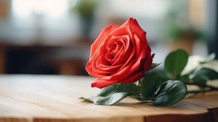 Defocused romantic background with red roses on a table, perfect for greeting cards, wedding invitations, romantic February gifts, and banners.