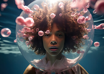 retrato futurista de una mujer afroamericana debajo del agua con una esfera