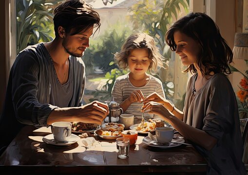 Una ni&ntilde;a desayunando con sus padres