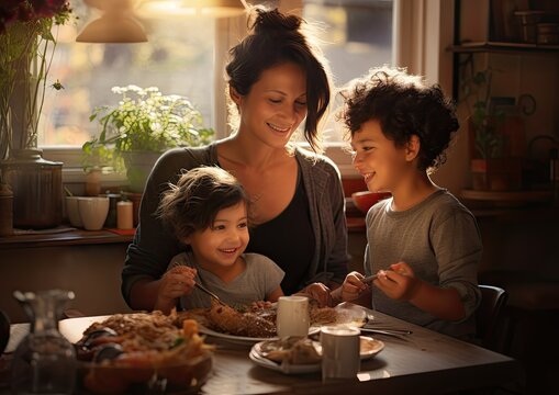 Una ni&ntilde;a desayunando con sus padres