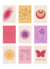 Set of positive social media quotes, motivation posters on trendy abstract background in neutral colors.