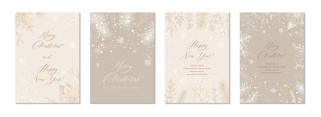 Merry Christmas and Happy New year greeting cards set. Hand drawn sketch winter postcard. Trendy holiday festive design background for invitations, certificate, social media templates