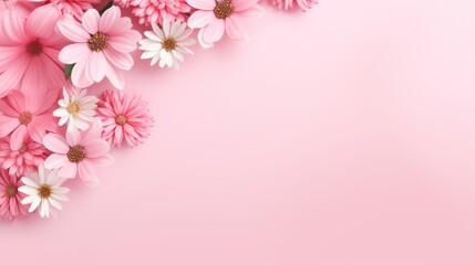 A pink background with flower floral borders and a pink blank paper for text or content. - obrazy, fototapety, plakaty