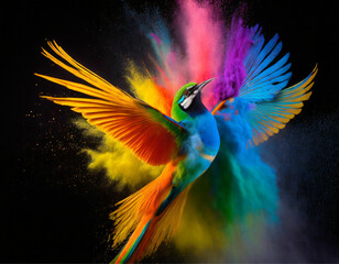 Ein bunter Paradiesvogel fliegt durch eine Wolke aus explorierendem Farbpulver - obrazy, fototapety, plakaty