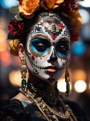 a closeup portrait of a person wearing a day of the dead makeup
