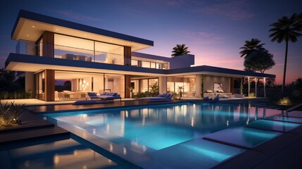 An HD image of a modern house's pool that seamlessly transitions from day to night, showcasing the transformation of the space with adjustable lighting, from vibrant and lively to tranquil and elegant