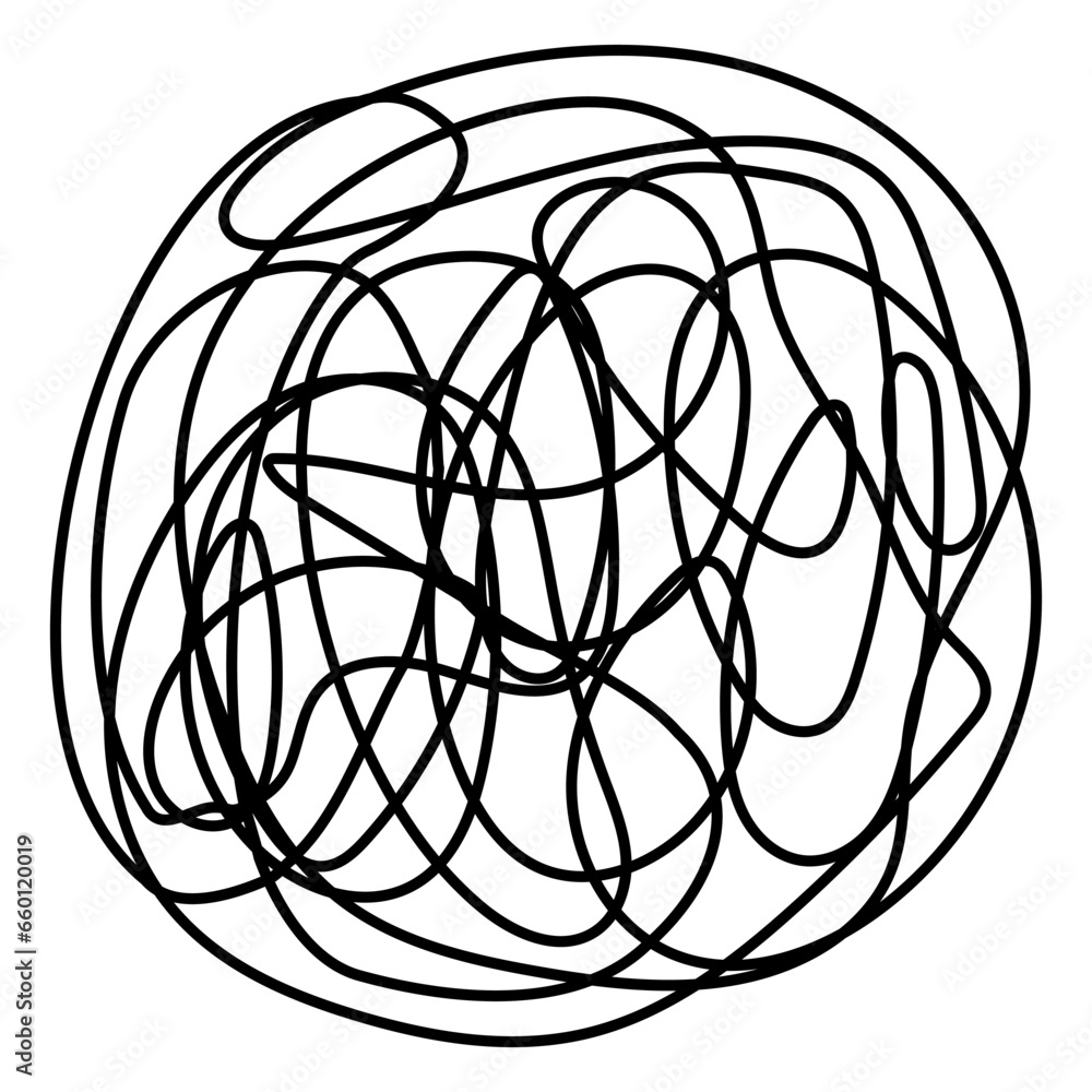 Poster tangled round scribble continuous line drawn. chaotic linear circle. vector illustration isolated on