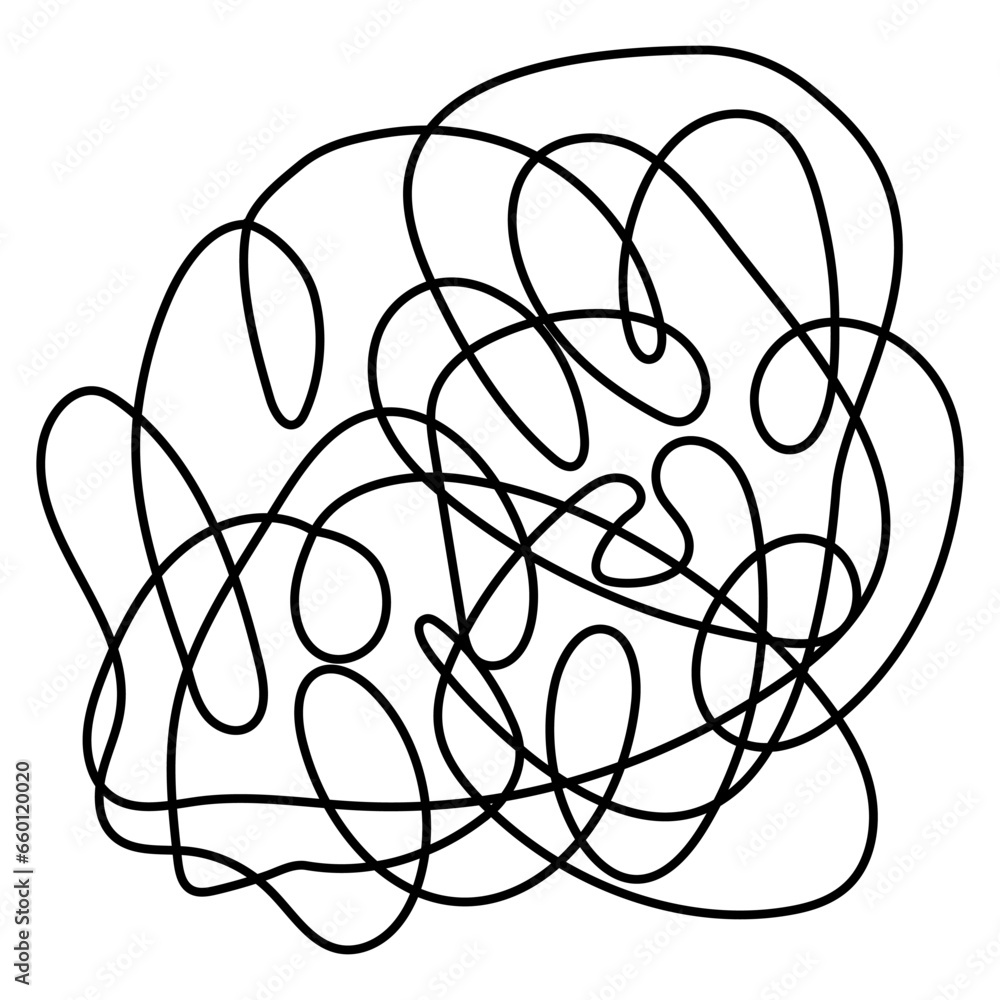 Poster tangled round scribble continuous line drawn. chaotic linear circle. vector illustration isolated on