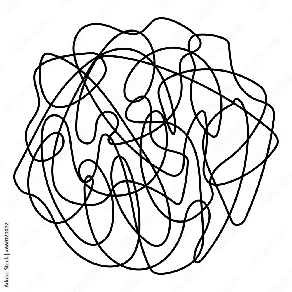 Poster tangled round scribble continuous line drawn. chaotic linear circle. vector illustration isolated on