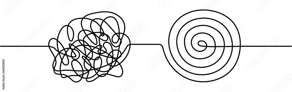 Poster chaos and mess circle continuous line drawn. psychotherapy linear concept. problem solution symbol. 