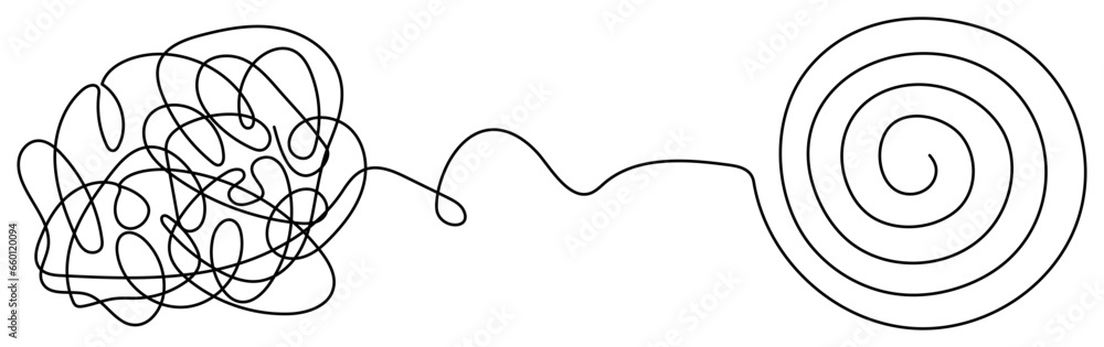 Poster chaos and mess circle continuous line drawn. psychotherapy linear concept. problem solution symbol. 