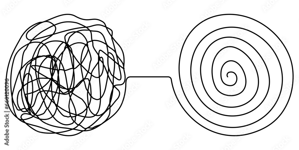 Poster chaos and mess circle continuous line drawn. psychotherapy linear concept. problem solution symbol. 