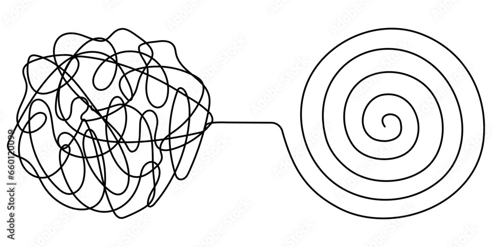 Poster chaos and mess circle continuous line drawn. psychotherapy linear concept. problem solution symbol. 