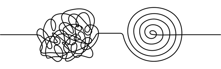 Chaos and mess circle continuous line drawn. Psychotherapy linear concept. Problem solution symbol. Vector illustration isolated on white.