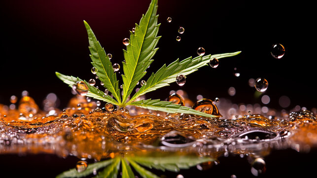 macro image of a cannabis plant submerged in a clear water droplet created with Generative Ai