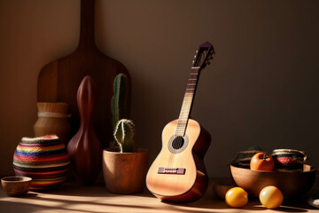 Mexican party concept. Group of mexican objects: sombrero, maracas guitar.