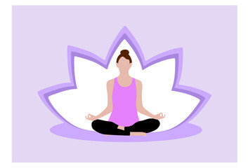 Woman meditating and exercising yoga lotus position body silhouette. Let's meditate. Healthy lifestyle, peace, wellbeing, relaxation, health, yoga, lotus, meditation. Vector illustrations.