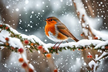 European Robin or Robin Redbreast songbird in snowy weather in winter.