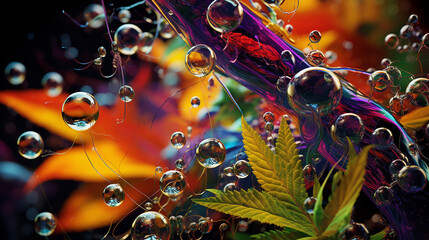a microscope view of cannabis material being penetrated by droplets of a solvent created with Generative Ai
