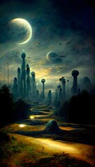 esoteric euphoric late night alien world utopian landscape fantasy Photorealistic 