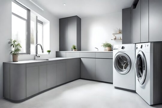 Grey laundry room sink washing machine. Minimalistic design interior of modern house. 