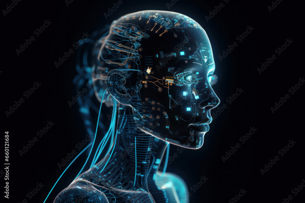 Poster close-up of a robotic face with a digital brain and glowing eyes, representing artificial intelligen