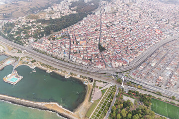 Fototapeta premium Aerial city center and port at night. Samsun, Turkey