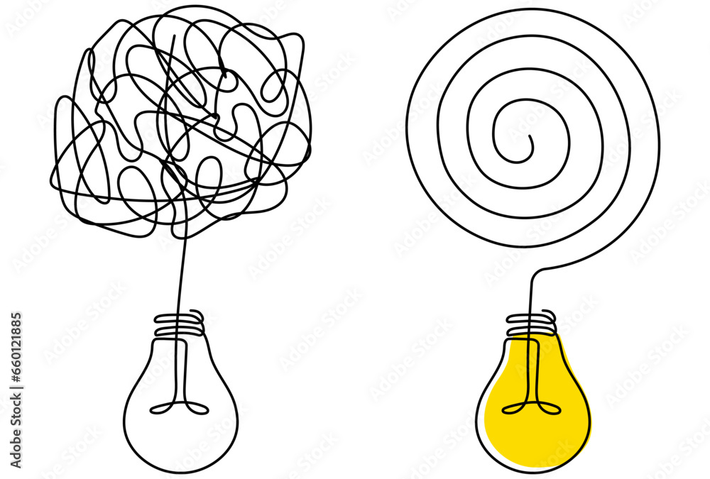 Poster messy and chaos circles with lightbulbs. solving problem symbol. creative idea linear concept. vecto