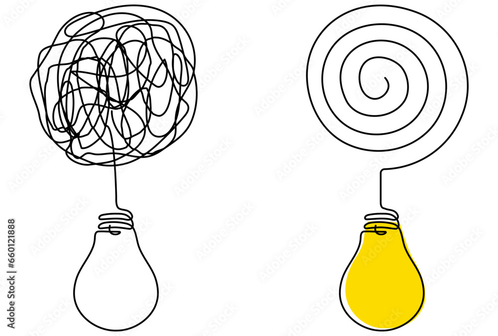Poster messy and chaos circles with lightbulbs. solving problem symbol. creative idea linear concept. vecto