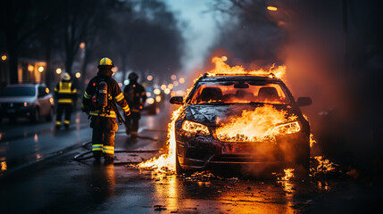 Car Crash Traffic Accident: Paramedics and Firefighters - obrazy, fototapety, plakaty