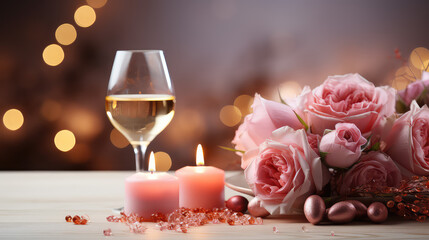 Composition of tableware for a romantic dinner with copy space. Wine glass, plates, flowers. Dinner for two, date in restaurant, promotional banner.