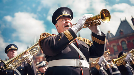 A military musical band marches at a festive military parade on the street on a sunny day....