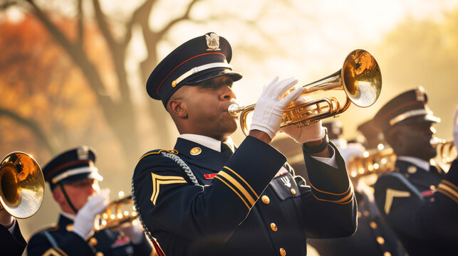 A military musical band marches at a festive military parade on the street on a sunny day. Celebrating Remembrance, Independence Day