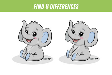 Find 8 differences between two pictures of cute elephant. Cartoon elephant. Activity page. Vector