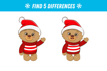 Find five differences between two pictures of cute brown bear. Cute teddy bear. Activity page. Christmas game. Vector