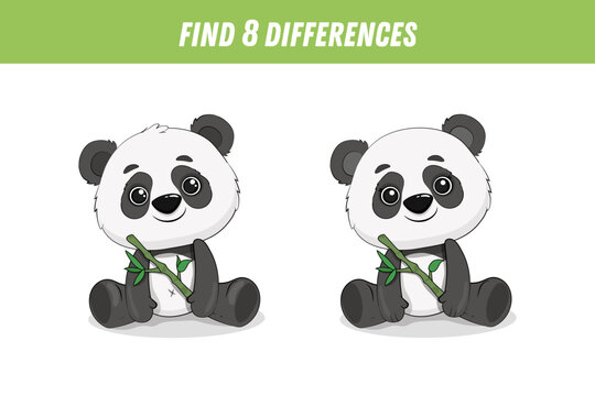 Find 8 differences between two pictures of cute panda. Cartoon panda and bamboo. Activity page. Vector