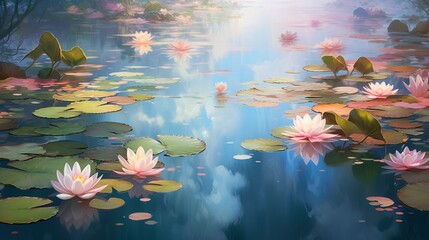 Fototapeta na wymiar A pristine lily pond with blossoms reflecting in the calm waters.