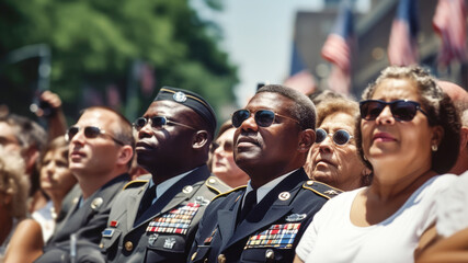 Obraz premium Spectators, people watching a festive military parade on a sunny day on the street. Celebrating Remembrance, Independence Day
