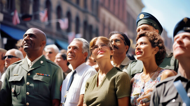 Spectators, people watching a festive military parade on a sunny day on the street. Celebrating Remembrance, Independence Day