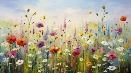Fototapeten A serene meadow blanketed with multicolored wildflowers swaying in a gentle breeze. © AI Artistry Atelier