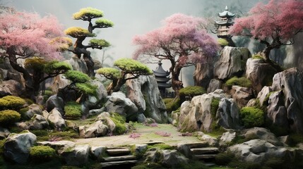 A serene rock garden adorned with elegant bonsai trees and delicate blossoms.